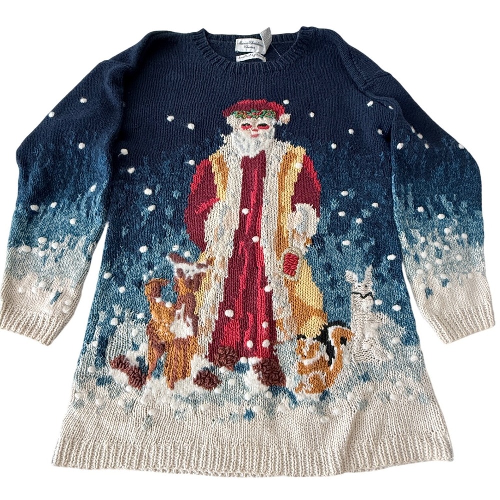 Marisa Christina Sweater Women L Vintage Christmas Santa Hand Knit Ramie Cotton
